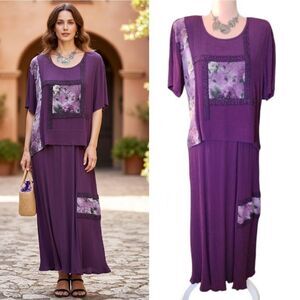 VTG 90s Purple Floral Patchwork Short Sleeve Hippie Maxi Dress Size 12